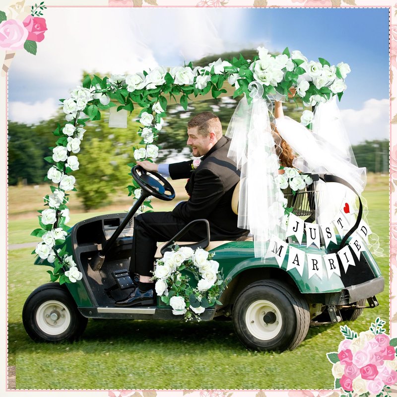 Wedding Golf Cart Decorations Golf Cart Rose Garland with Just Married Banner Sheer Chiffon Wedding Draping Fabric Accessories for Anniversary Decorations