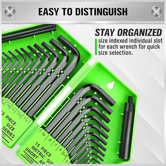 SWANLAKE GARDEN TOOLS 32-Piece Hex Key Allen Wrench Set, SAE and Metric Allen Keys MM(0.7mm-10mm) SAE(0.028"-3/8), L Shape, Chrome Vanadium Steel, Easy Organization