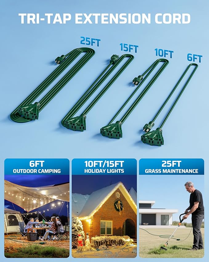 DEWENWILS 15FT Outdoor Extension Cord, Green Extension Cord 13A/1625W, Weatherproof 16/3 SJTW Power Cable with Multiple Outlet, Holiday Decor Landscaping String Lights, ETL Listed, 1 Pack