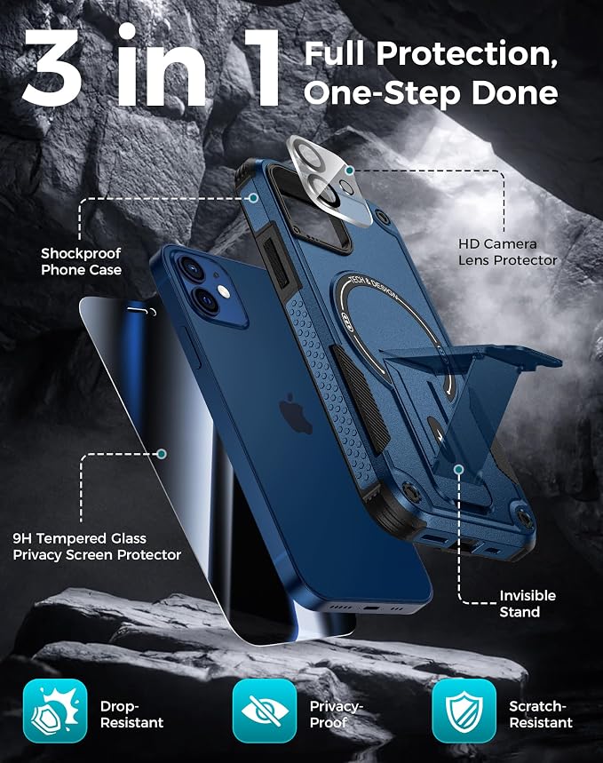 Goton for iPhone 12 Case with Privacy Tempered Glass Screen Protector & Camera