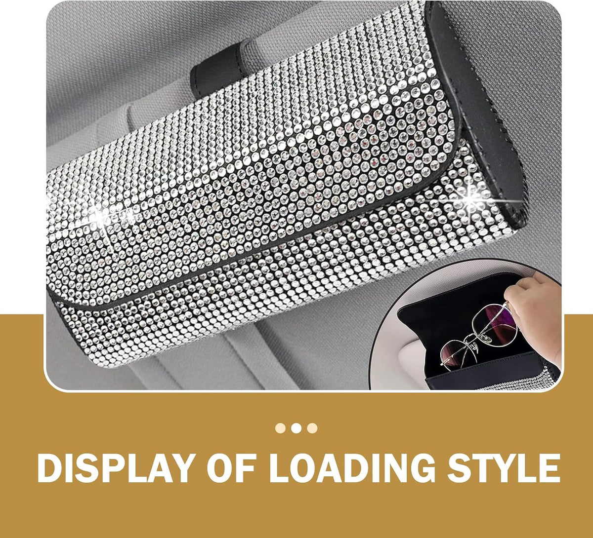 Bling Sunglasses Holder for Car Sun Visor, Rhinestone Auto Eyeglasses Mount Clip Organizer, Leather Sunvisor Sunglasses Storage Case, Universal Glasses Holder Clips for SUV, Sedan, Van (White)