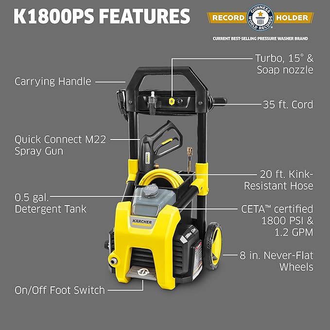 Kärcher Electric Pressure Washer K1800PS, CETA Certified, 3 Spray Nozzles, Detergent Tank, for Cars, Driveways, Siding, Patios, 1.2 GPM