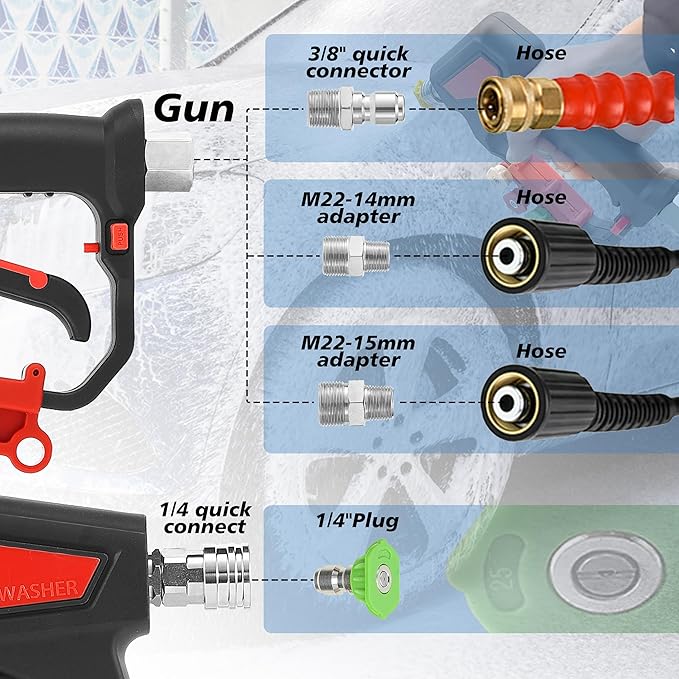 RIDGE WASHER Pressure Washer Gun 5000 PSI with Nozzle Bracket, 12 GPM, Power Washer Trigger Gun with 1/4" Quick Connector, 360° Swivel 3/8'' NPT Thread, M22-14 mm and M22-15 mm Fitting