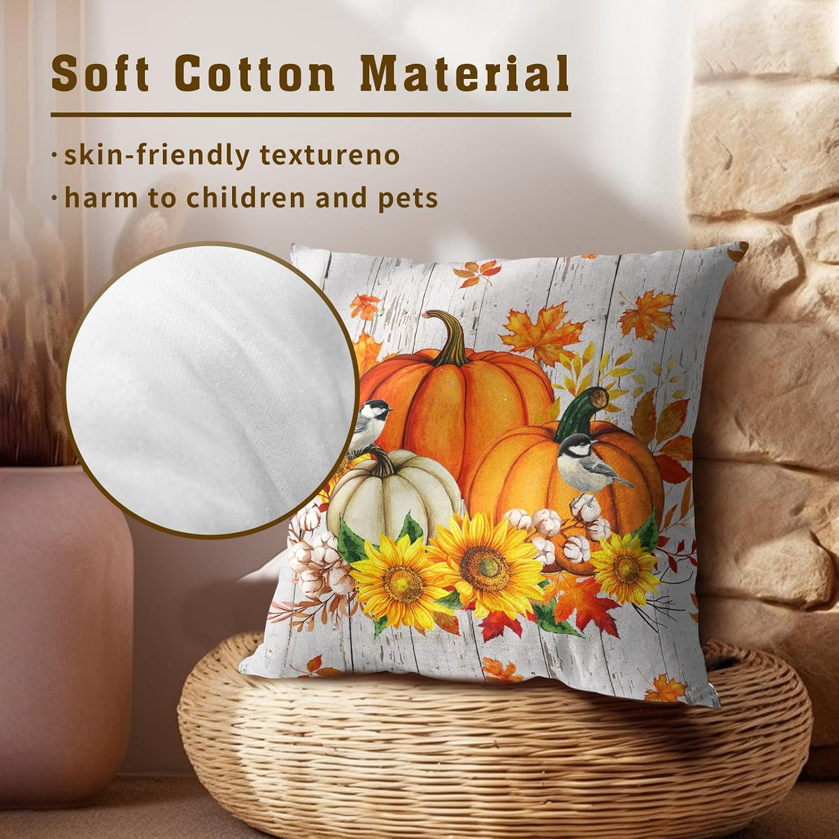 Giwawa Autumn Pumpkin Throw Pillow Covers 16x16 Inch Sunflower Wood Cotton Cushion Cases Set of 2 Seasonal Accent Pillowcase for Sofa Couch Patio
