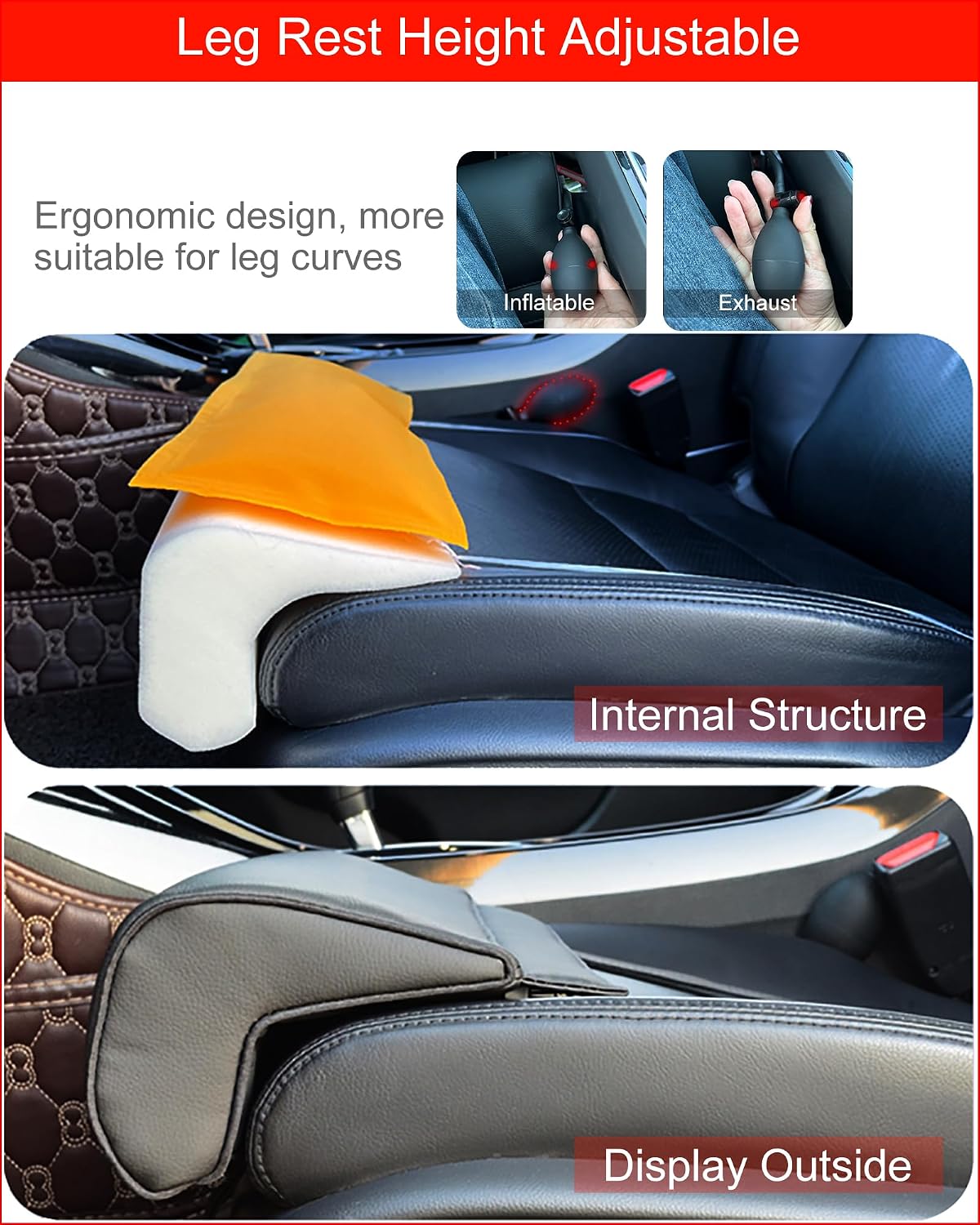 Car Leg Extender Leg Support for Driving, Car Front Seat Thigh Extender Support Cushions, Adjustable Length/Height/Angle Leg Rest Pillow for Cars Office (Black)