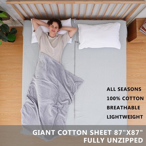 Exermil 100% Cotton Sleeping Bag Liner with Full Length Zipper on 3 Sides; Single/Double Adult Sleep Sack for Travel & Camping, Multifunctional Travel Sheets (Unzipped 87”x87”) for Hotel, Lightweight