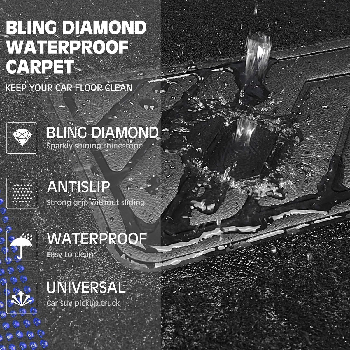 CAR PASS Bling Diamond Leather Steering Wheel Cover 14.5in-15in Floor Mats Shining Rhinestone Carpet Sparkly Glitter Crystal Anti-Slip Pad Fit Automotive SUV Pickup Truck Girl Women, 5pcs Black Blue