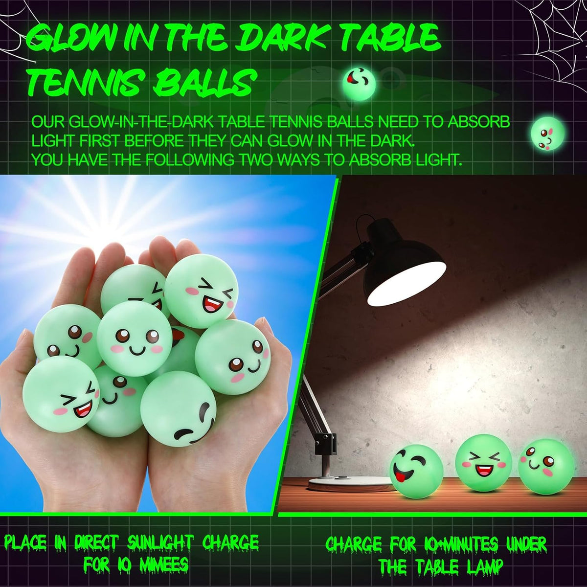 ShinyRelief Glow in The Dark Table Tennis Balls - 24 Pcs Luminous Bouncy Balls for Holiday Fun