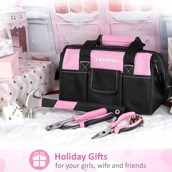FASTPRO Pink Tool Set, 220-Piece Lady's Home Repairing Tool Kit with 12-Inch Wide Mouth Open Storage Tool Bag