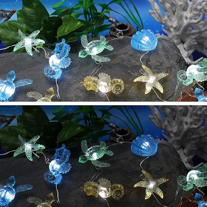 Ocean Themed Decorative Lights String of Marine Life Fairy String Lights Coastal Decor 10ft 30 LEDs Battery Operated with Remote Control for Beach Bedroom Decoration