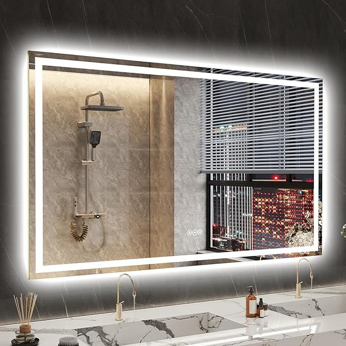 LED Bathroom Mirror 60x40 Inch Anti-Fog Bathroom Mirror with Lights, Wall Mounted Lighted Vanity Mirrors, Dimmable, Backlit + Front Lit, Smart Bathroom Vanity Mirror with 3 Colors Temperature