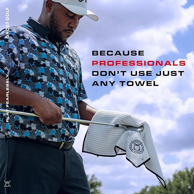 Ghost Golf Magnetic Towel (Greenside) - Premium Ultra-Absorbent Microfiber Golf Towel with Magnet for Golf Carts or Clubs - 18" x 18" Golfing Gear - Waffle Weave Pattern (White)