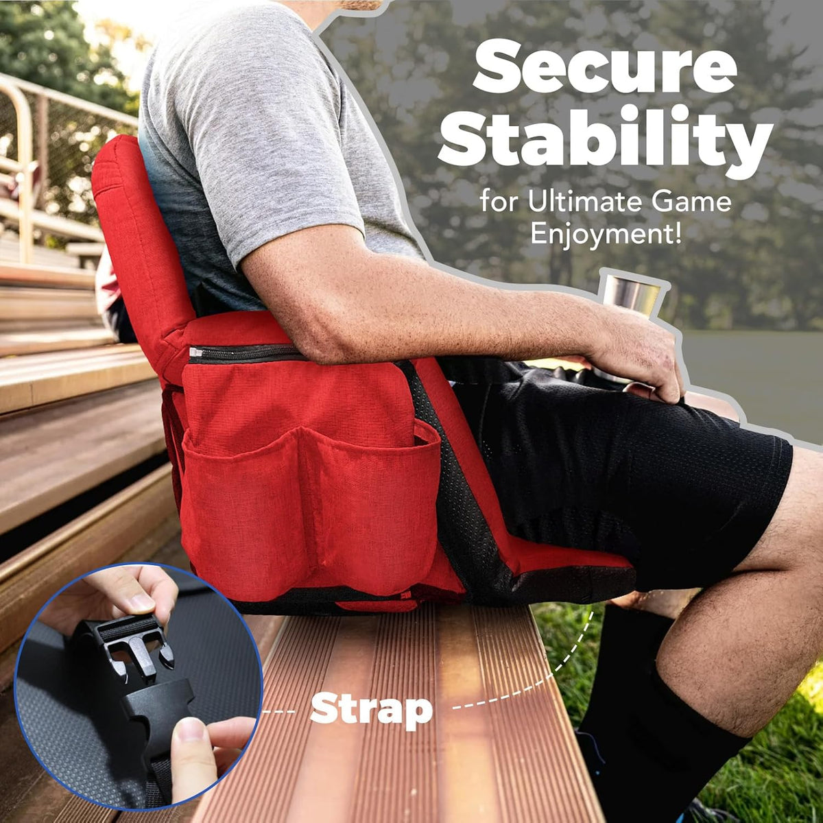 Skiennix Wide Stadium Seats - Extra Thick Bleacher Chairs with Back Support & Cushion | 2-Pack, 6 Reclining Positions, Red (22.5")