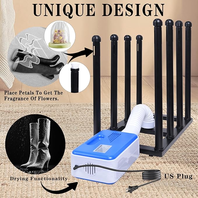Boot Rack Organizer Tall Boots Boot Storage Free Standing Shoe Racks Black Metal for Dorm Room, Closet, Entryway, Bedroom for 4 Pairs With Multifunctional Portable Dryer 600W(54.1*50.1*30)
