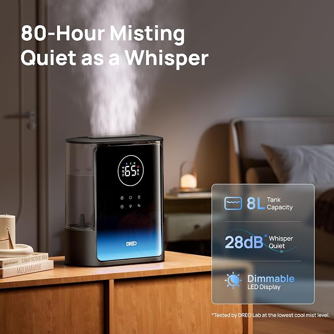 DREO 8L Smart Humidifiers for Bedroom 600ft², 80H Runtime Warm&Cool Supersized Mist Humidifier for Large Room Indoor, Quiet Whole House humidifier for Baby, Plants, with Alexa/Google, Black, HM717S