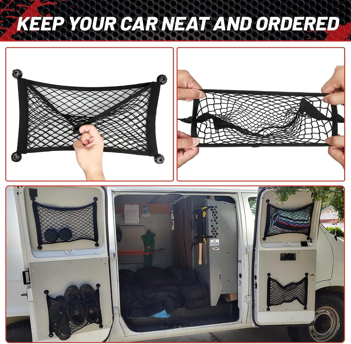 RED WOLF 2 Pcs Small Cargo Net Pocket Elastic Mesh Netting Car Mesh Pouch for Trunk RV Boats Home Cargo Storage with Screws and Hooks (17.7'' x 9.8'')