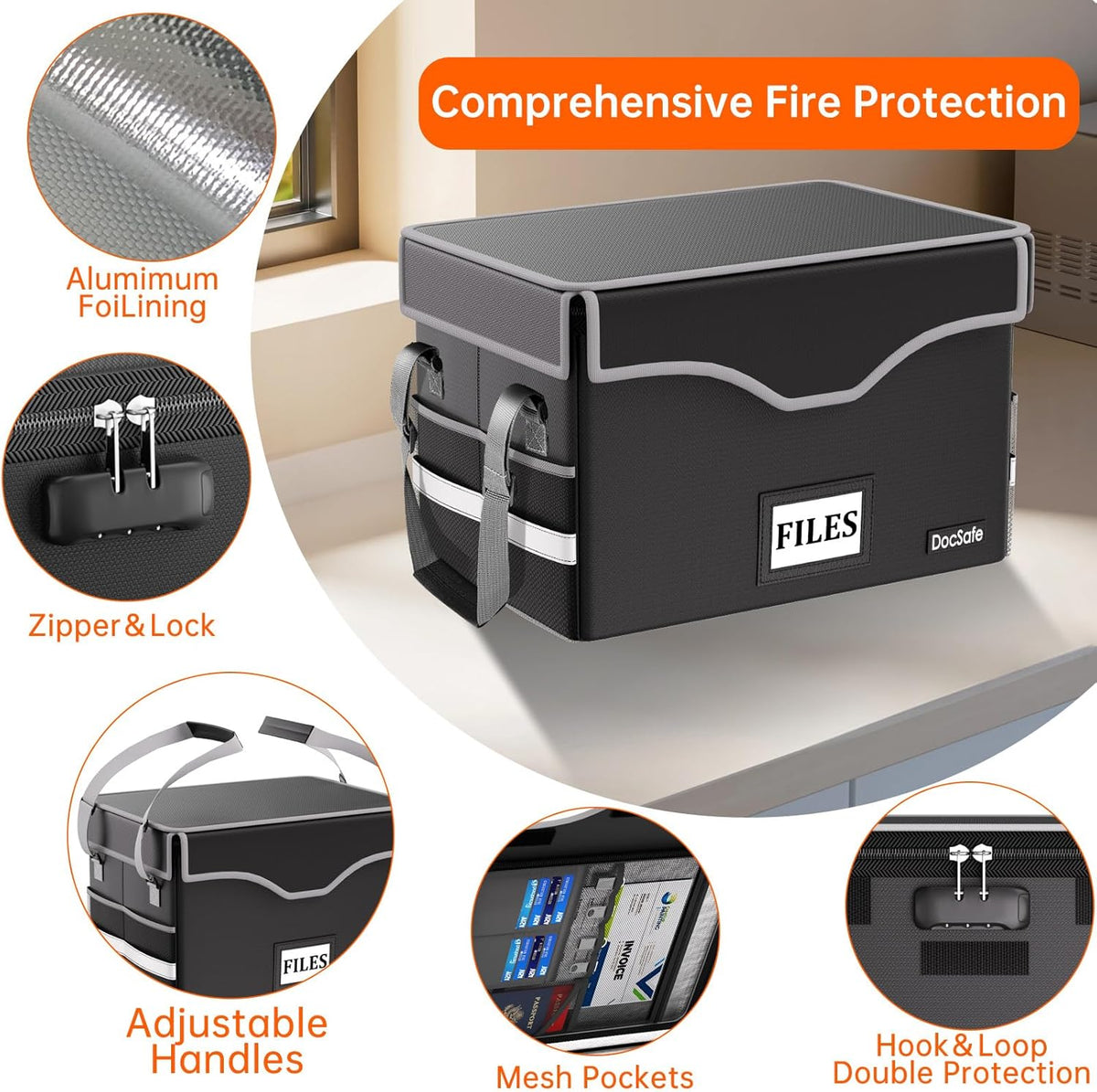 DocSafe 5200°F Fireproof Document Box with Lock,Heat Insulated File Organizer Storage with Pockets,Collapsible Portable Home Office File Safe Box with Handle for Hanging Letter/Legal Folders, Black