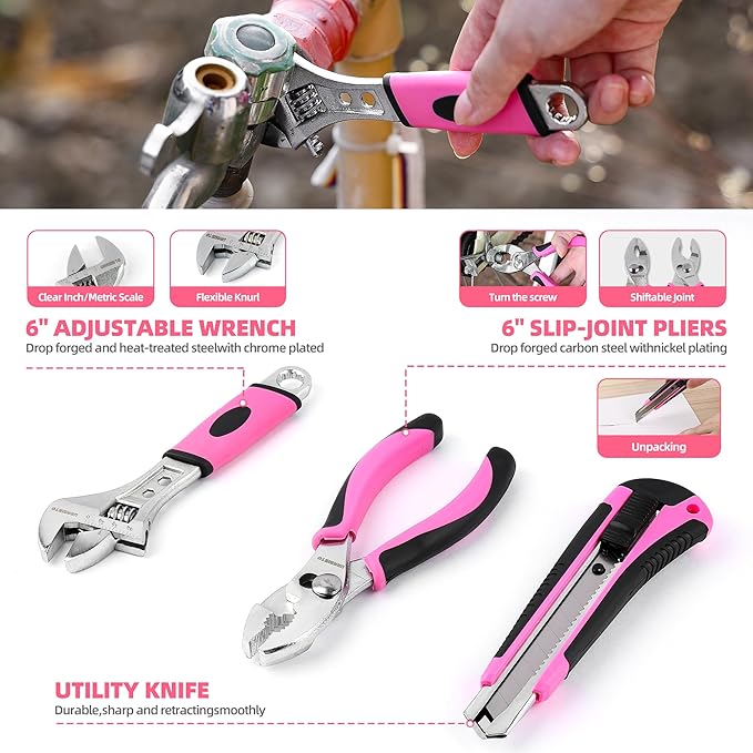 URASISTO 125 PCS Pink Household Tool Set, Pink Ladies Basic House DIY Toolkit Set for Home Garage Office College Dormitory Use, Hand Tool Kits for Women