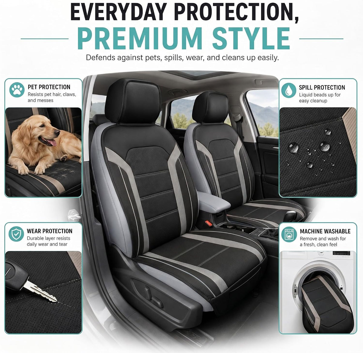 FH Group Front Set Faux Leather Car Seat Covers Cushions for Low Back Seat, Universal Fit, Airbag Compatible Seat Cover for SUV, Sedan Gray/Black