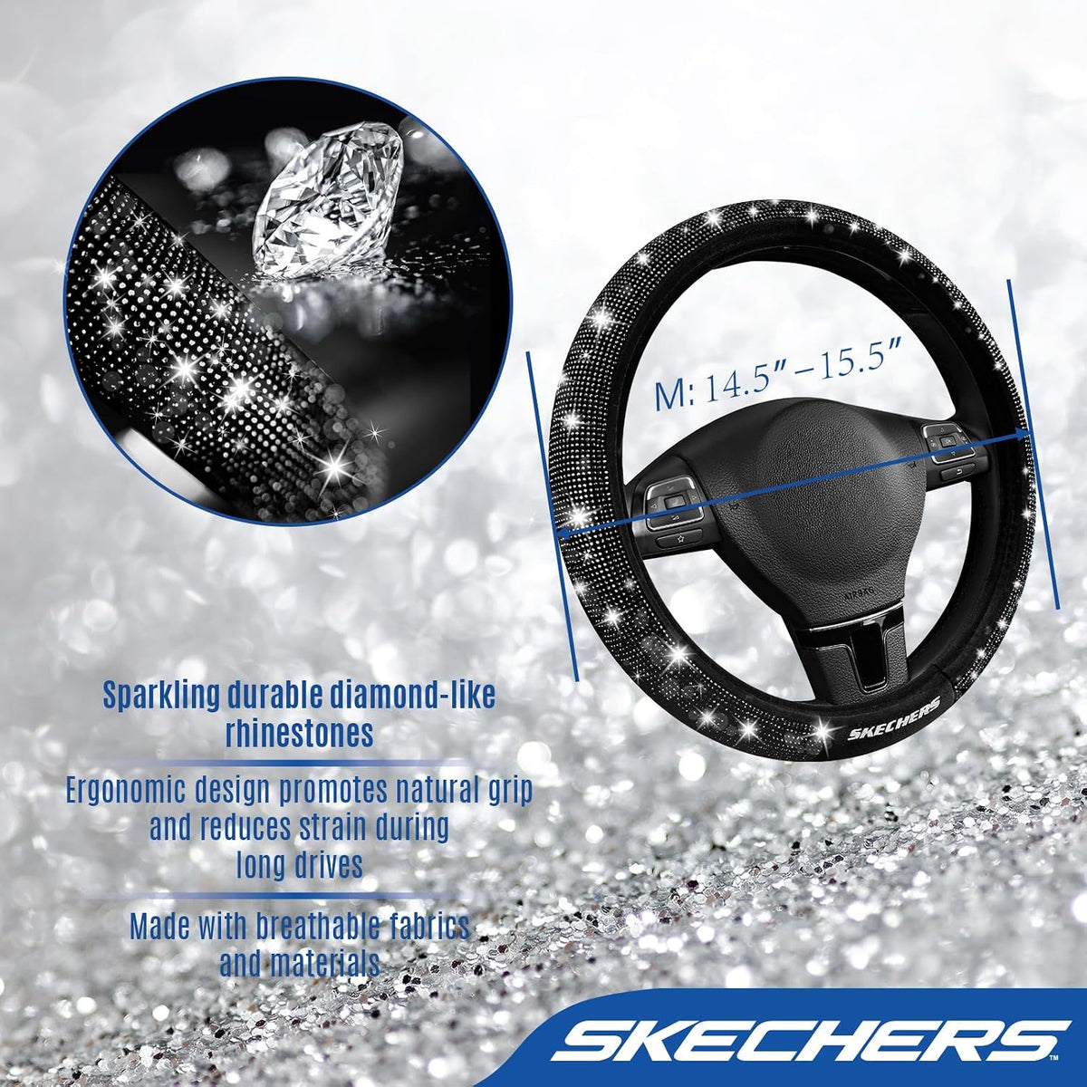 Skechers Women’s Bling Steering Wheel Cover, Velvet with Sparkly Crystal Rhinestones, Stylish Car Interior Gift, Universal Fit 14" 1/2-15" for Cars, SUVs, Trucks, Black Diamond