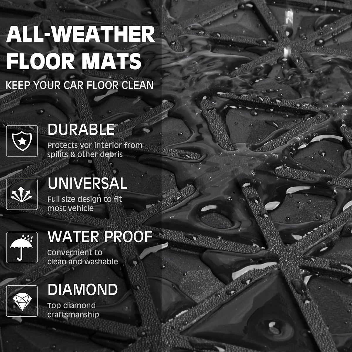 CAR PASS Bling Diamond Car Mats Rubber Floor Mats Full Set Anti-Slip 3D Rhombus Waterproof Trim Fit Liner Universal Glitter Crystal Sparkly Shining Rhinestone Girl Women SUV Sedan, Multicolor Diamond