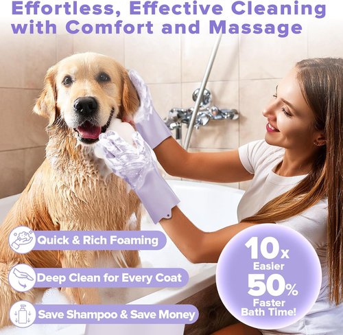 Augwind 6PCS Pet Grooming Kit - Dog Washing Gloves, Bath Brush & Shampoo Supplies | Purple