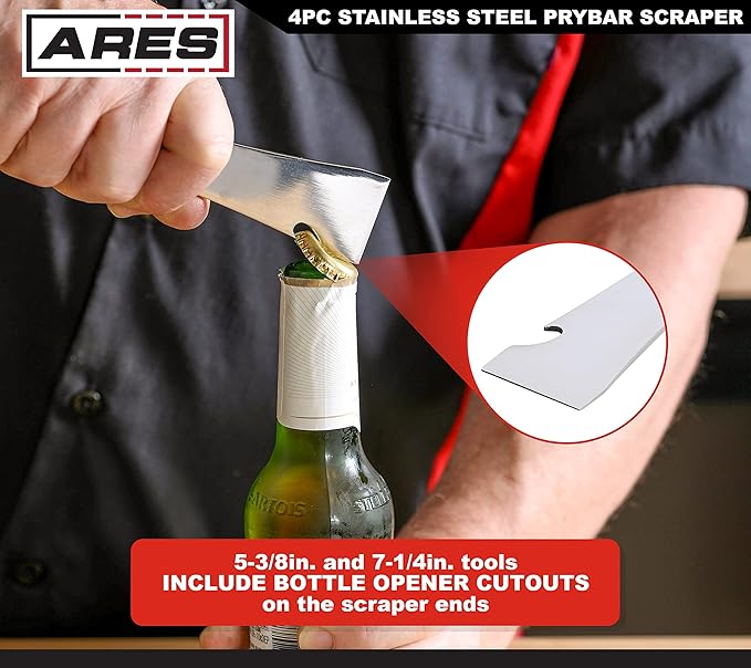 ARES 46020-4-Piece Stainless Steel Prybar Scraper Set - Ultra Sharp Scrapers Remove Residue from Steel, Aluminum, and More - Prybar Ends Offer Extra Leverage - Built-In Nail Puller and Bottle Opener