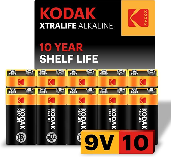 KODAK 9V Alkaline Batteries 9 Volt High-Performance Battery Pack, 10-Year Shelf