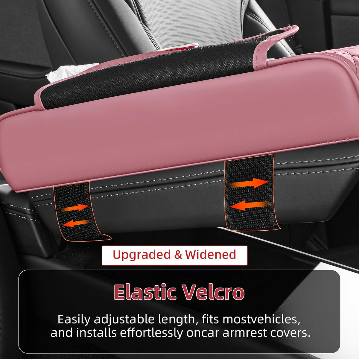 5 in 1 Nappa Leather Console Armrest Cover, Pink | Built-in cup holder, tissue slot, phone holder & 2 storage pockets, practical car accessories fit SUV sedan truck