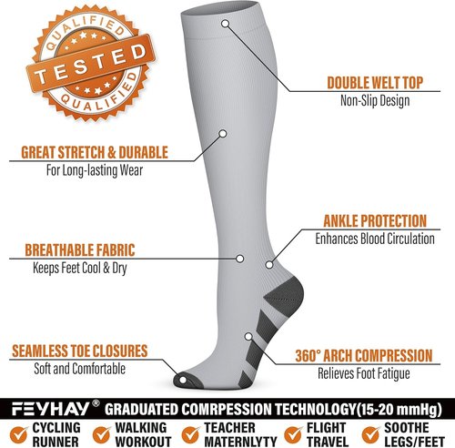 FEYHAY Copper Compression Socks - 15-20 mmHg Support for Enhanced Circulation | 5 Pairs for Men & Women