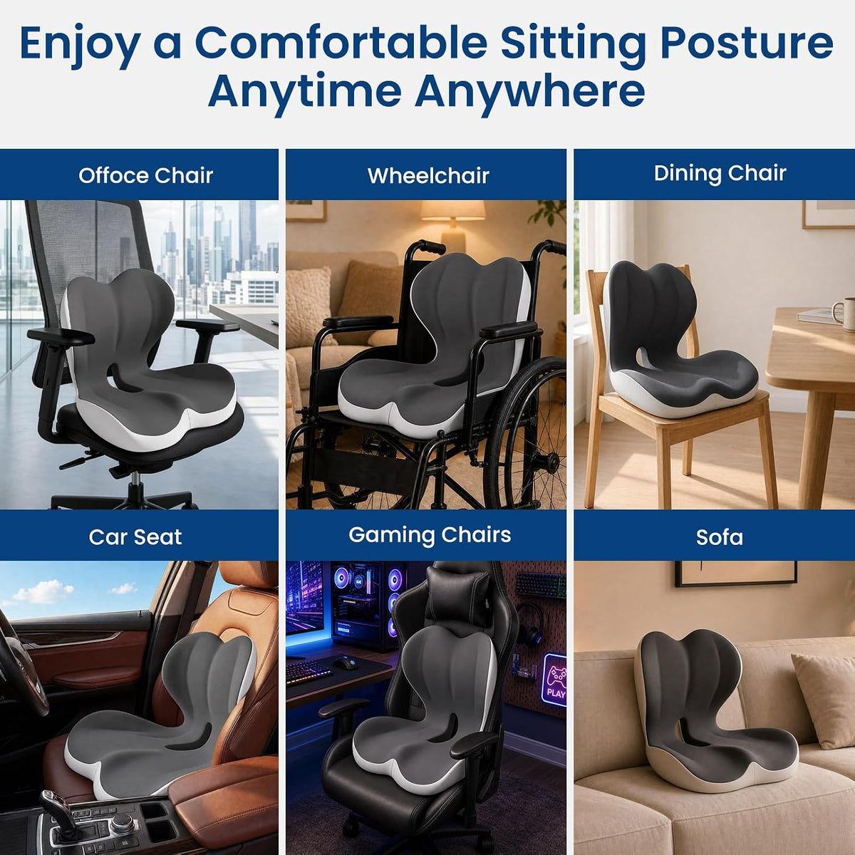 Upgrade Celivna Orthopedic Cushion Seat, Orthopedic Cushion for Car, Back and Seat Cushion Pro, Ergonomic Memory Foam Seat Cushion, Non-Slip Belt Backrest for Soothe Pressure Relief（Black&Gray）