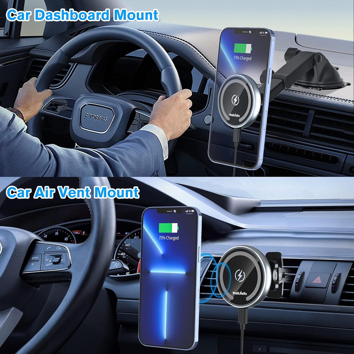 MAGJIEYX for MagSafe Car Mount Charger, Fast Charging 15W Wireless Magnetic Phone Holder [N55 Strong Magnets] Work for iPhone 17 16 15 14 Plus/Pro Max for Dashboard/Vent/Windshield Gary