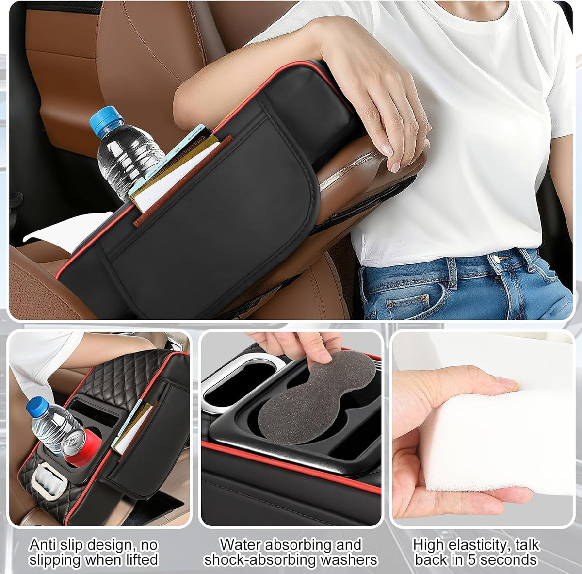 Car Armrest Cushion,5-in-1 Center Console Cover with 2 Storage Bags Cup Holder, Phone Slot for Sedans, Tissue Box Slot, Car Accessories Interior Organizers (Black) (Black-B)