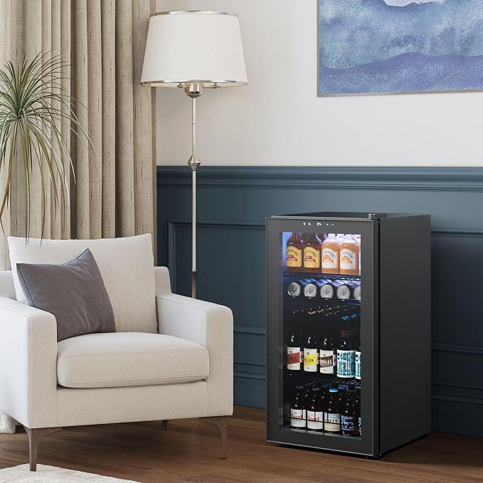 Yeego Beverage Refrigerator Drink Cooler, 105 Cans Mini Fridge Glass Door | Soda Wine Beer Small Cooler, 34°F To 54°F Digital Temperature Control, for Home Office Bar, Adjustable Shelves, Black