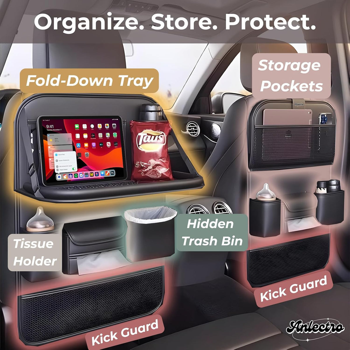 5-in-1 Backseat Car Organizer with Car Seat Tray, Car Backseat Organizers