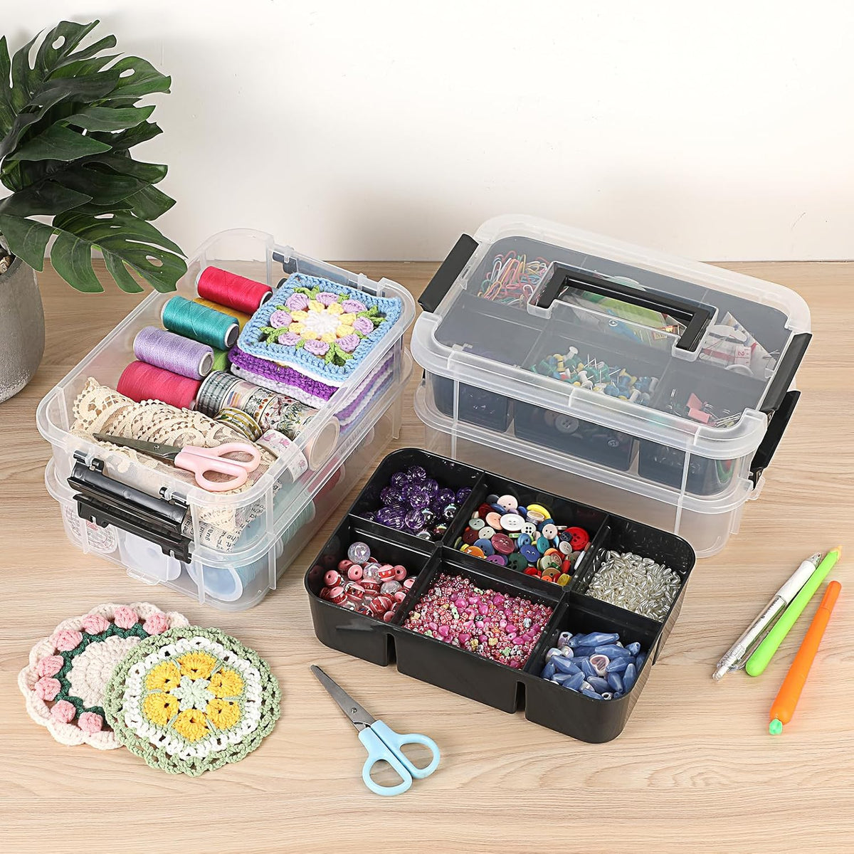 JUXYES 4-Tiers Plastic Stack Carry Storage Containers Box wih Handle Lids | Clear Stackable Latching Storage Bin With 2 Tray for School Office, Organizing Sewing, Art Craft, DIY Supplies, Black