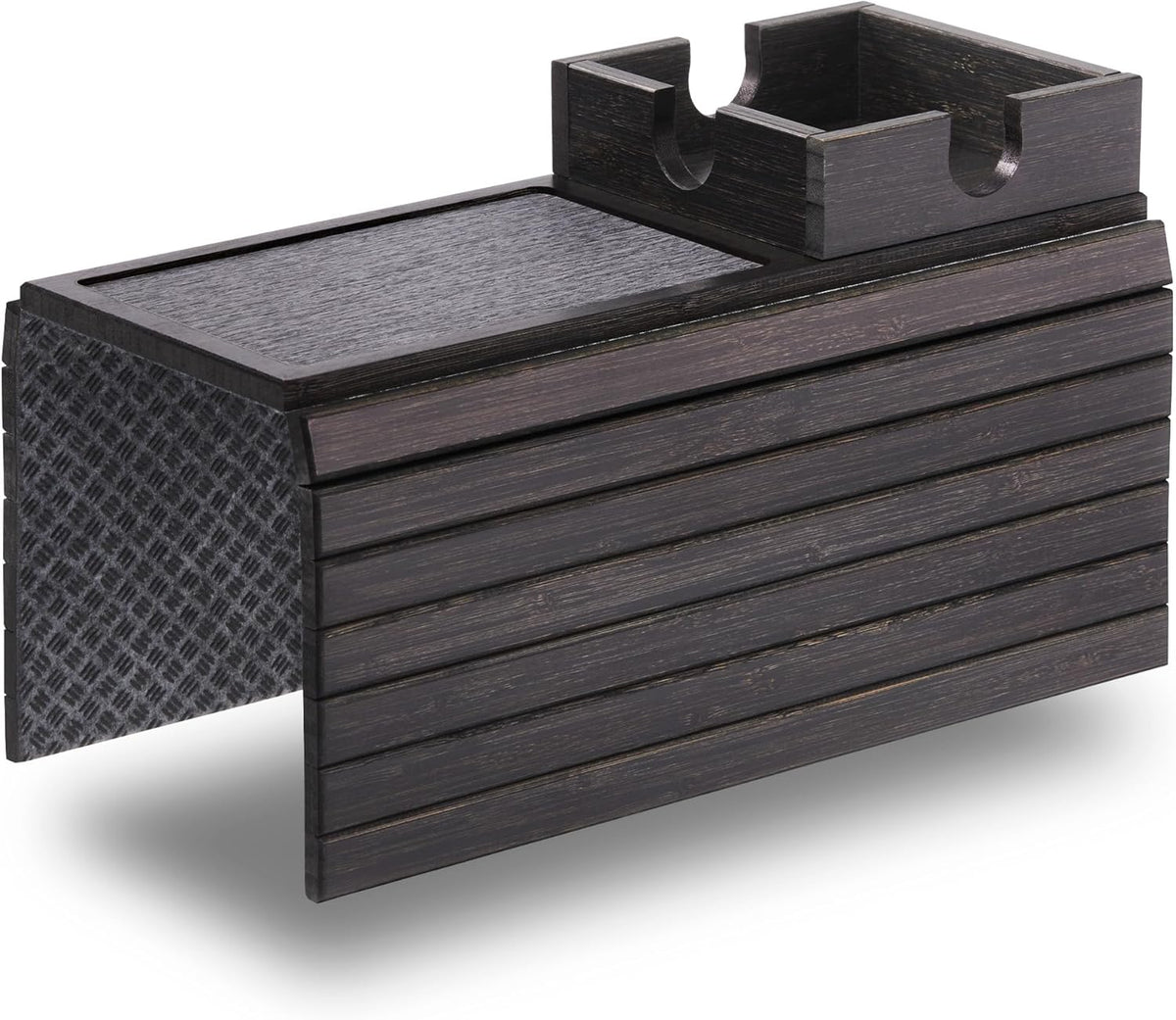 Detor Couch Cup Holder Tray with Super Anti-Slip Pad, Large 4.5" x 4.5" Organizer, Black-Stained Bamboo Finish, Enhanced Non-Slip Felt Base, Durable Bamboo Slats, Fits Armrests 5.5" and Wider