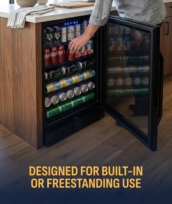 NewAir Beverage Refrigerator with Glass Door | 177 Can Mini Fridge for Bedroom, Dorm, Office, or Gaming Setup | Soda, Beer, and Wine Cooler | Black Stainless Steel