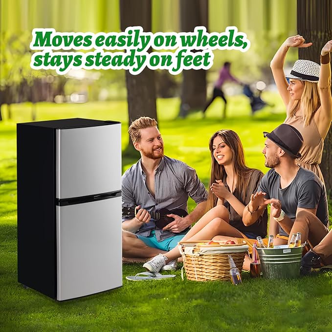 DEMULELR 3.9Cu.ft Refrigerator with Freezer Black Two Door Fridge with Crisper Drawer & Extra Drink Space, LED Light, Full-Size Fridge for Dorm Office 17.5"D x 17"W x 40"H，Silver