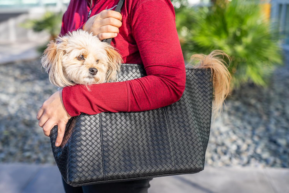 Faux Leather Dog Carrier for Small Dogs, Water-Resistant Designer Dog Purse with Safety Harness, Fashion Pet Carrier for Dogs 5-15 lbs, Luxury Dog Shoulder Carrier, Woven Black