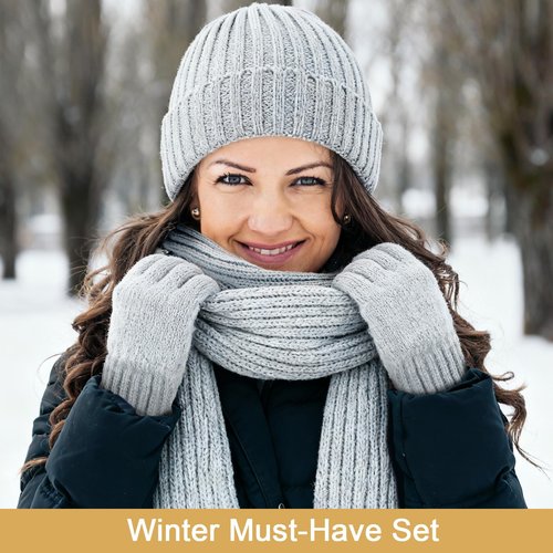 Breathffy 4 Pcs Winter Hat Scarf Gloves Headband Set Knit Beanie Touch Screen Gloves Long Scarf Valentine Gift for Women Men(Essential Style,Grey)