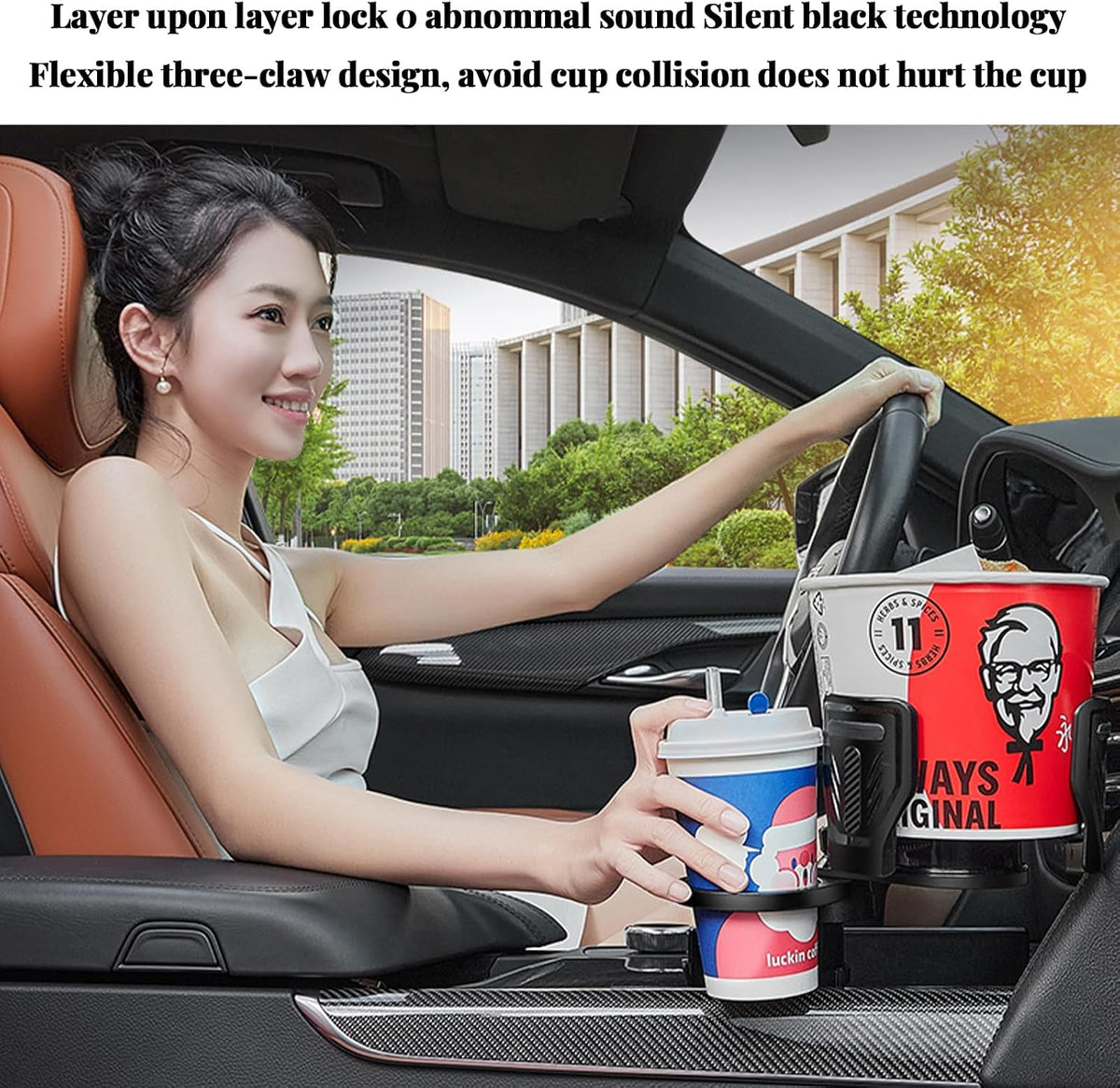 4-in-1 Car Cup Holder with Ash Tray - Adjustable Width, Rotating Base & Lock, Fits 6-10cm Car Slots, Holds Drinks, Fast Food, Bubble Tea (ABS & Zinc Steel),Extra,Expander,2 Cup Carrier car