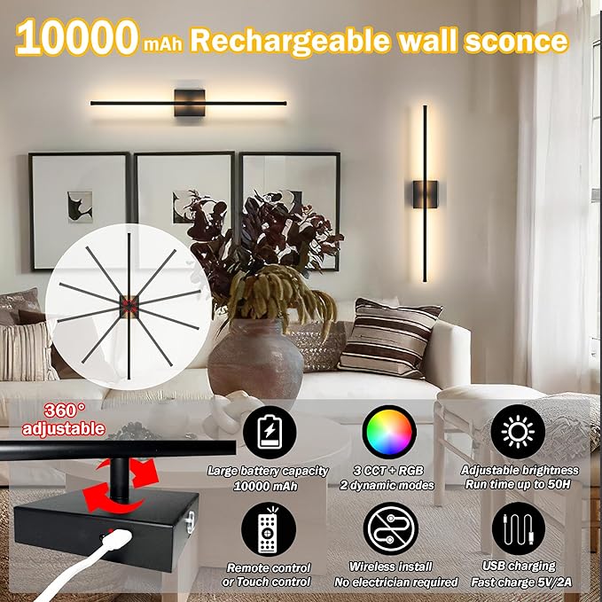 Battery Operated Wall Sconce Set Of 2, Wireless Wall light With Remote Control, 10000mAh Rechargeable Wall Sconce Up To 70 hrs Of Lighting Time, RGB Dimmable Wall Lamp For Bedroom Hallway, 360°Rotate