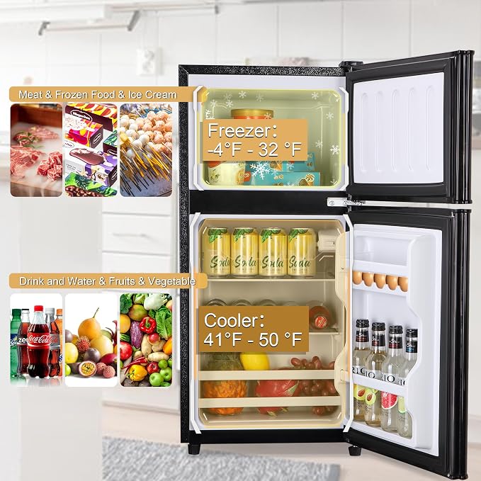 Mini Refrigerator with Freezer 3.5 Cu. Ft. Small Fridge with Freezer Black | 2 Door Mini Fridge with 7-Level Adjustable Thermostat Removable Shelves, Compact Refrigerator for Office/Dorm/College/RV