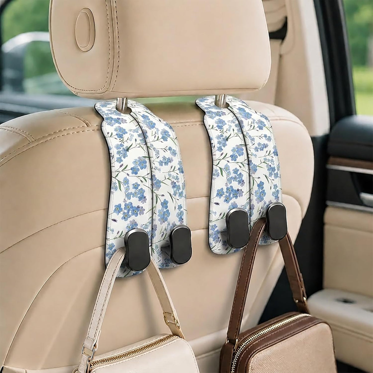 Cute Blue Floral Car Seat Headrest Hooks for Purses & Bags