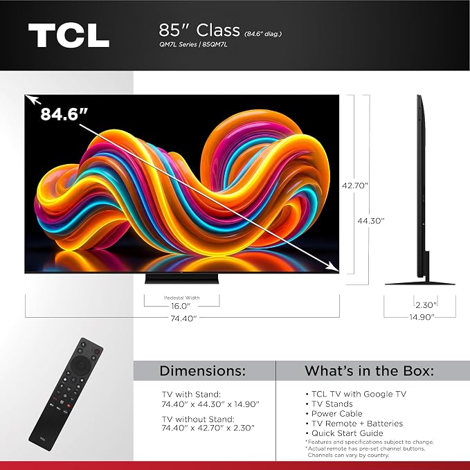 TCL 85 Inch Class QM7L Series | SQD-Mini-LED QLED Smart TV | 85QM7L, 2026 Model | 144Hz | Ultimate Color Ultra Brightness & Contrast | Google AI Bang & Olufsen | Voice Gaming Streaming Television