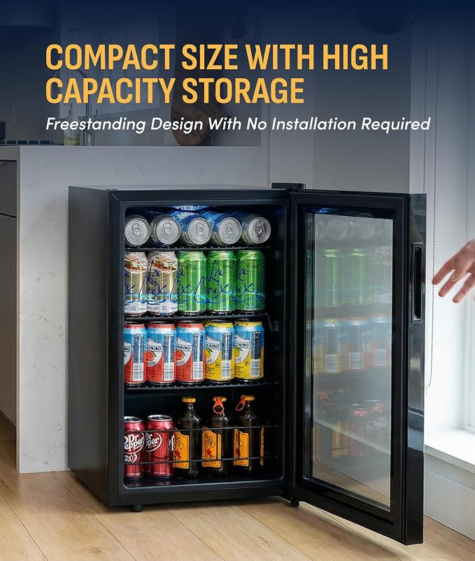 NewAir 90 Can Beverage Refrigerator | Freestanding Small Mini Fridge for Bedroom, Home Bar or Office | Adjustable Shelves, Quiet Cooling & Locking Door | Black