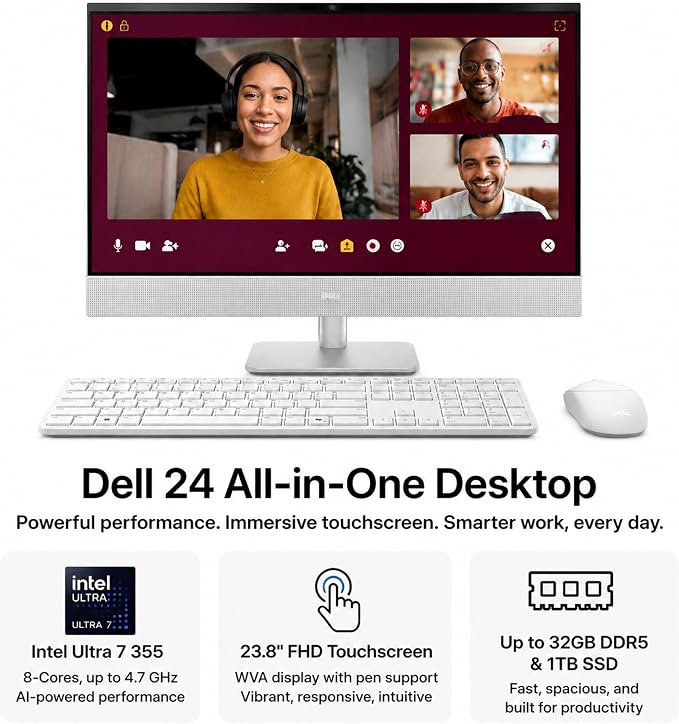 Dell 23.8" All-in-One Desktop Computer, FHD Touchscreen, Intel Core Ultra 7 Series 3 Processor, Copilot+ PC, 64GB DDR5 RAM, 4TB PCIe SSD, Wi-Fi 6E, Bluetooth 5.3, Windows 11 PRO, Wireless KB & Mouse