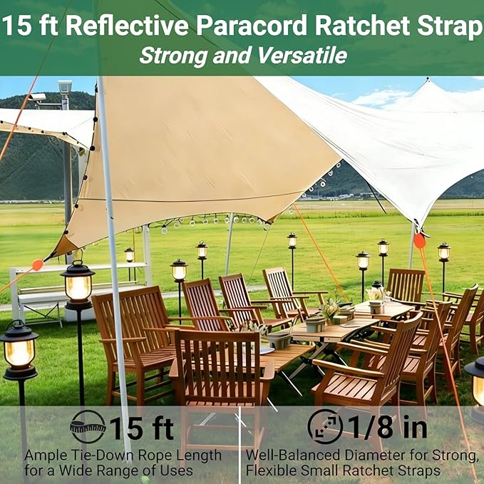 Longer 15ft Ratchet Strap Rope Tie Down Rope Rollers 6 Pack Paracord Tarps Tie Downs Small Cam Jam Retractable Paracord Ropes Tightener for Tent Canopy Use 1/8 inch