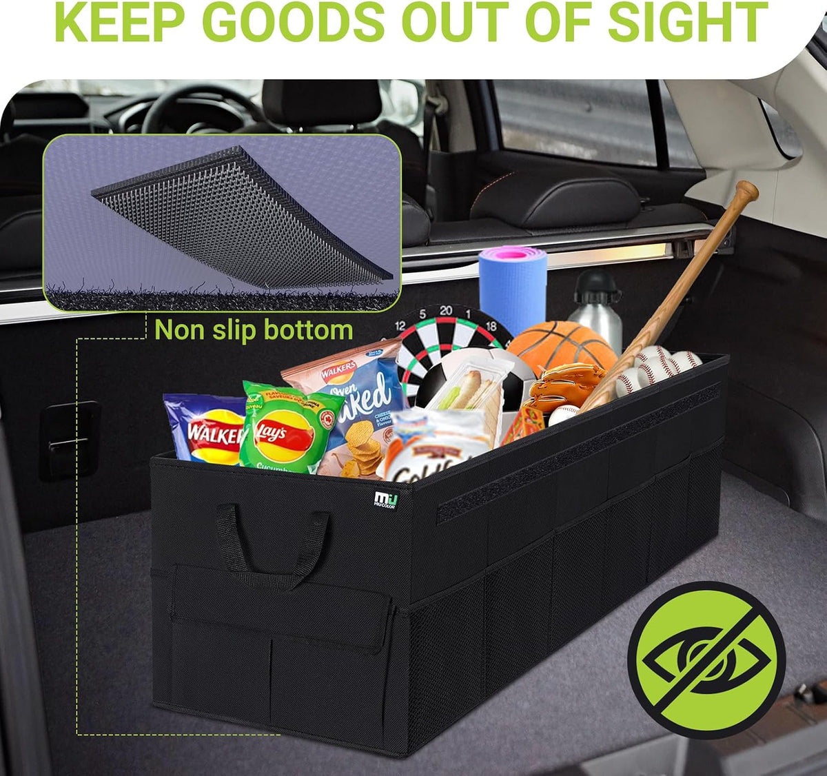 MIU COLOR Trunk Organizer with Lid, 72L Large Capacity Car Organizer, 12 Pockets with Non-Slip Bottom, Collapsible 3 Compartments Car Storage Organizer for Suv/Jeep/Sedan/Van/Grocery, Black